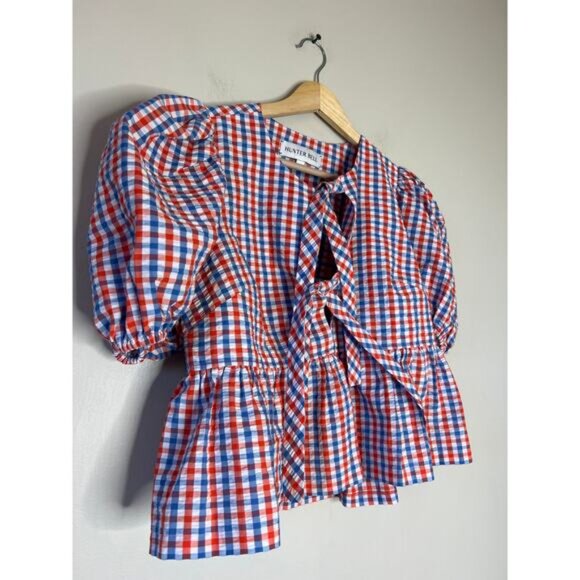 NEW Hunter Bell Gingham Peplum Bow Tie Front Top Multicolor Size: Extra Small - Picture 3 of 7